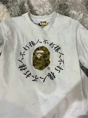 Bape White Long Sleeve Tee with Green Camo Ape Head Logo